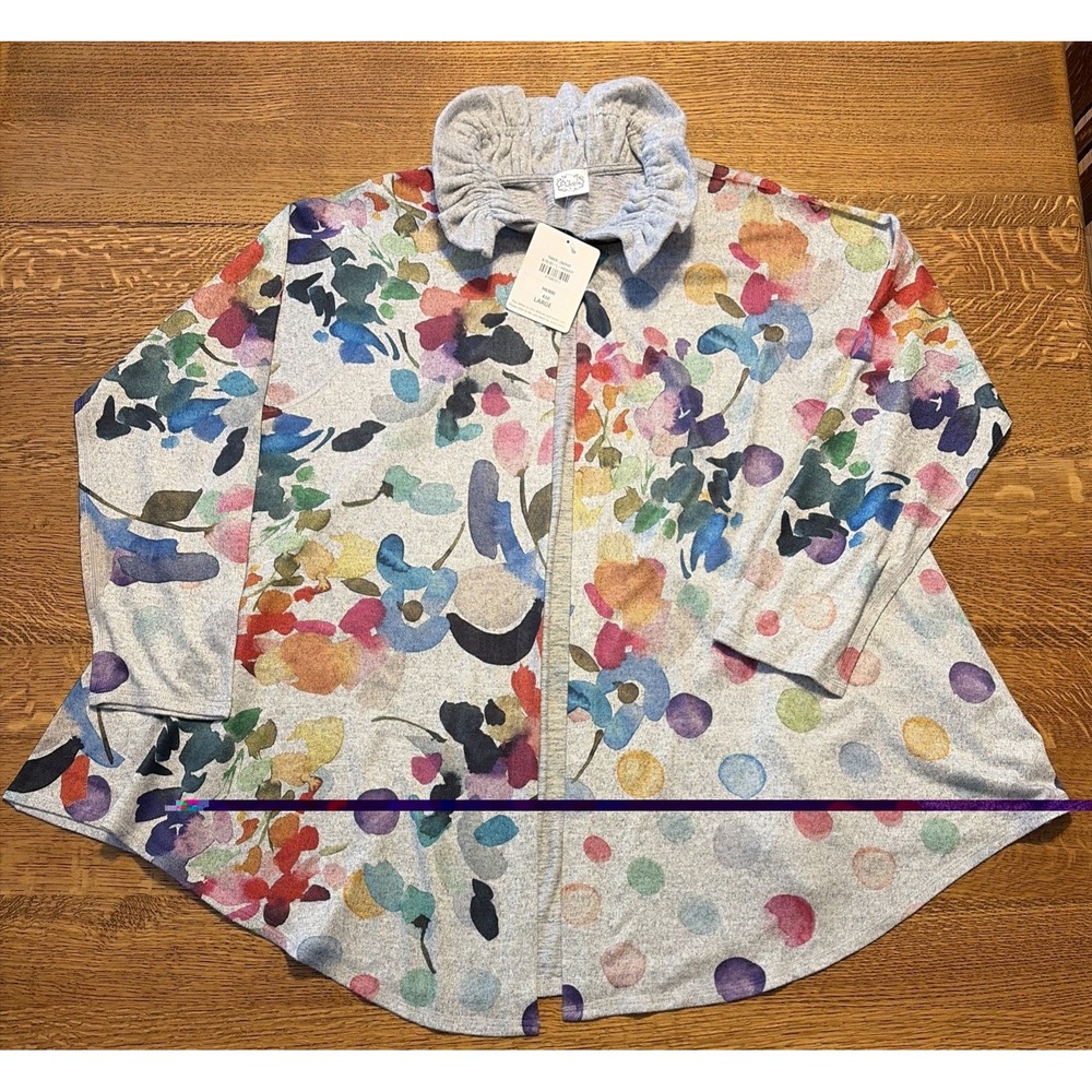 NEW ET'LOIS Made In USA Sweater Jacket‎  Womens Abstract Flowers L